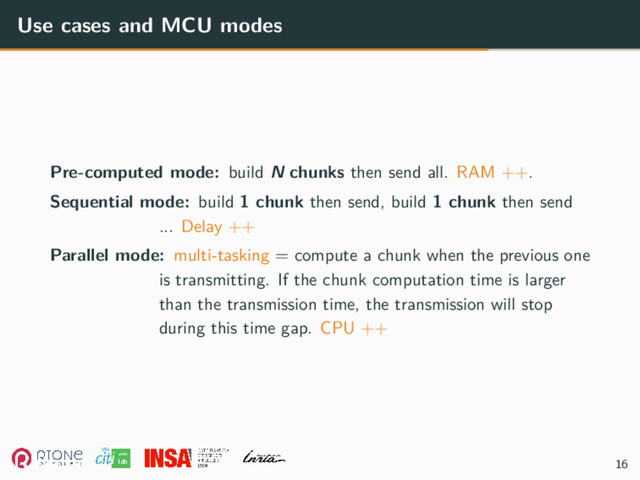 Use cases and MCU modes
Pre-computed mode: build N chunks then send all. RAM ++.
Sequential mode: build 1 chunk then send, build 1 chunk then send
... Delay ++
Parallel mode: multi-tasking = compute a chunk when the previous one
is transmitting. If the chunk computation time is larger
than the transmission time, the transmission will stop
during this time gap. CPU ++
16
