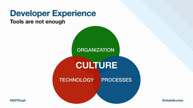Developer Experience
Tools are not enough
ORGANIZATION
PROCESSES
TECHNOLOGY
CULTURE
#GOTOcph @vitalethomas
