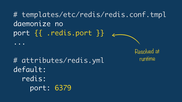 # templates/etc/redis/redis.conf.tmpl
daemonize no
port {{ .redis.port }}
...
# attributes/redis.yml
default:
redis:
port: 6379
Resolved at
runtime
