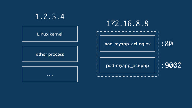 pod-myapp_aci-nginx
pod-myapp_aci-php
Linux kernel
other process
...
1.2.3.4
172.16.8.8
:80
:9000
