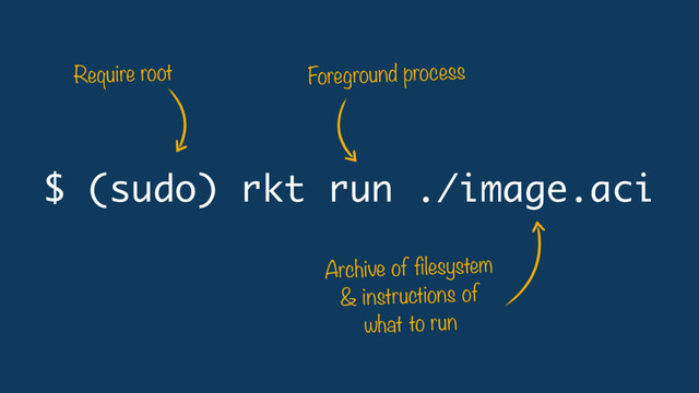 $ (sudo) rkt run ./image.aci
Archive of filesystem
& instructions of
what to run
Foreground process
Require root
