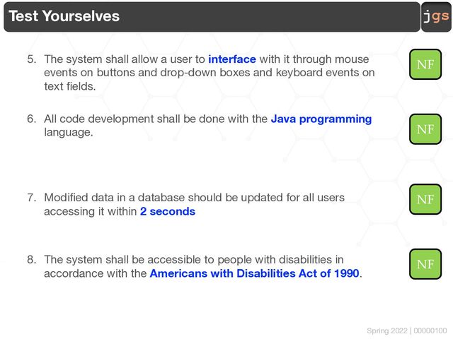 jgs
Spring 2022 | 00000100
Test Yourselves
5. The system shall allow a user to interface with it through mouse
events on buttons and drop-down boxes and keyboard events on
text fields.
6. All code development shall be done with the Java programming
language.
7. Modified data in a database should be updated for all users
accessing it within 2 seconds
8. The system shall be accessible to people with disabilities in
accordance with the Americans with Disabilities Act of 1990.
NF
NF
NF
NF
