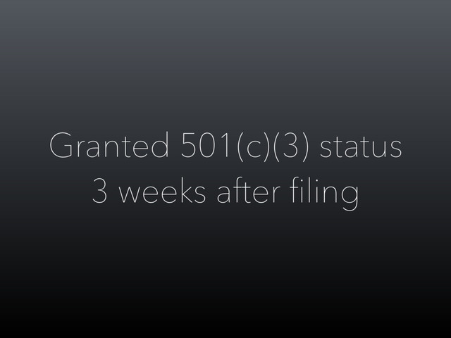 Granted 501(c)(3) status
3 weeks after ﬁling
