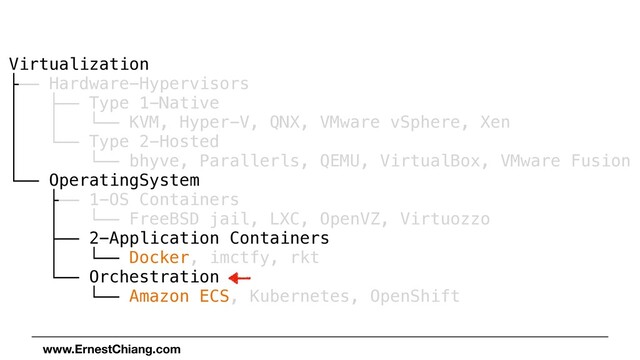 Virtualization


├── Hardware-Hypervisors


│ ├── Type 1-Native


│ │ └── KVM, Hyper-V, QNX, VMware vSphere, Xen


│ └── Type 2-Hosted


│ └── bhyve, Parallerls, QEMU, VirtualBox, VMware Fusion


└── OperatingSystem


├── 1-OS Containers


│ └── FreeBSD jail, LXC, OpenVZ, Virtuozzo


├── 2-Application Containers


│ └── Docker, imctfy, rkt


└── Orchestration


└── Amazon ECS, Kubernetes, OpenShift
www.ErnestChiang.com
