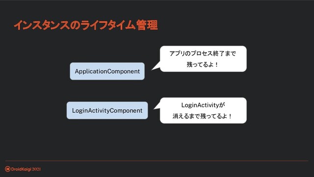 インスタンスのライフタイム管理
LoginActivityComponent
ApplicationComponent
アプリのプロセス終了まで
残ってるよ！
LoginActivityが
消えるまで残ってるよ！
