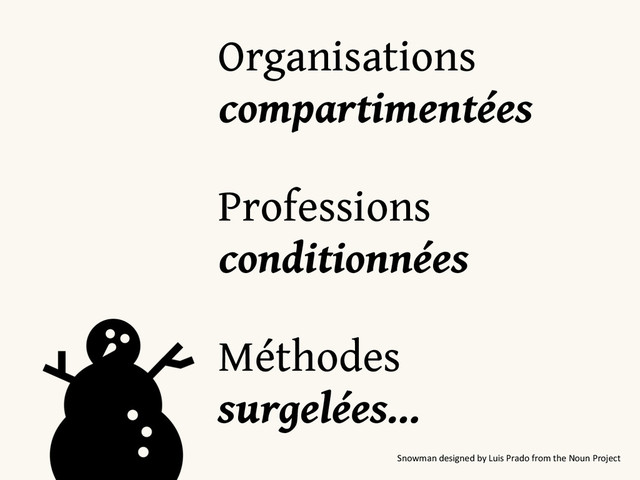   
Organisations
compartimentées 
Professions
conditionnées
!
Méthodes
surgelées…
Snowman  designed  by  Luis  Prado  from  the  Noun  Project
