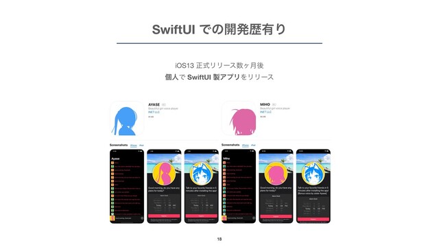 SwiftUI Ͱͷ։ൃྺ༗Γ
iOS13 ਖ਼ࣜϦϦʔε਺ϲ݄ޙ

ݸਓͰ SwiftUI ੡ΞϓϦΛϦϦʔε
18
