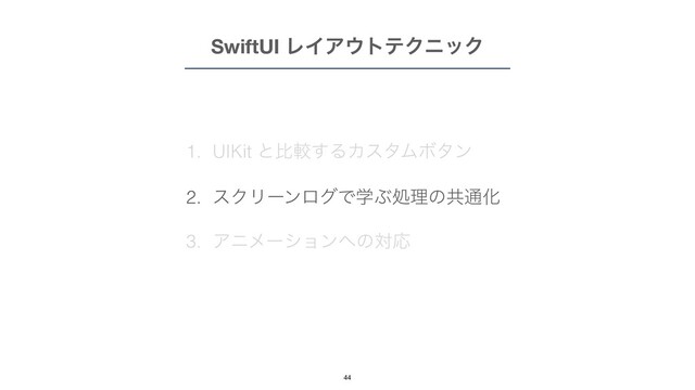 1. UIKit ͱൺֱ͢ΔΧελϜϘλϯ


2. εΫϦʔϯϩάͰֶͿॲཧͷڞ௨Խ


3. Ξχϝʔγϣϯ΁ͷରԠ
SwiftUI ϨΠΞ΢τςΫχοΫ
44
