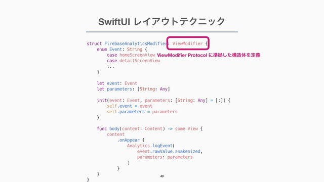 ViewModi
fi
er Protocol ʹ४ڌͨ͠ߏ଄ମΛఆٛ
SwiftUI ϨΠΞ΢τςΫχοΫ
49
