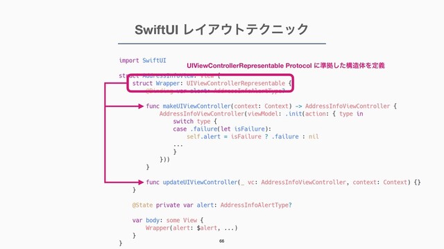 UIViewControllerRepresentable Protocol ʹ४ڌͨ͠ߏ଄ମΛఆٛ
SwiftUI ϨΠΞ΢τςΫχοΫ
66
