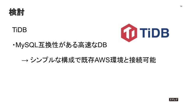 検討
14
TiDB
・MySQL互換性がある高速なDB
→ シンプルな構成で既存AWS環境と接続可能
