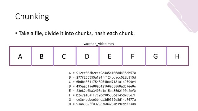 Chunking
• Take a file, divide it into chunks, hash each chunk.
vacation_video.mov
B C D E F G H
A

