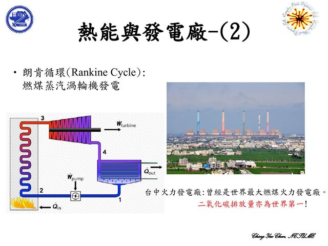 Ching-Yao Chen, NCTUME
熱能與發電廠-(2)
•朗肯循環(Rankine Cycle):
燃煤蒸汽渦輪機發電
台中火力發電廠:曾經是世界最大燃煤火力發電廠。
二氧化碳排放量亦為世界第一!
