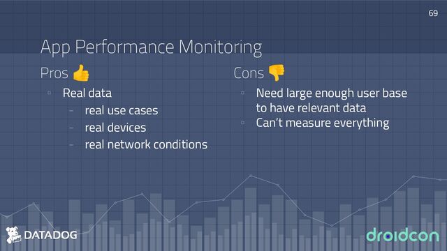 Pros 👍
▫ Real data
- real use cases
- real devices
- real network conditions
69
App Performance Monitoring
Cons 👎
▫ Need large enough user base
to have relevant data
▫ Can’t measure everything
