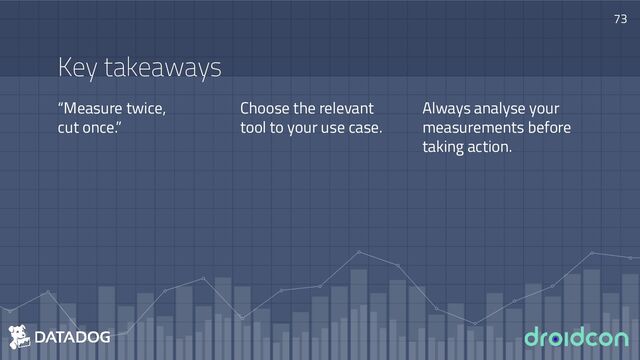 Key takeaways
“Measure twice,
cut once.”
73
Choose the relevant
tool to your use case.
Always analyse your
measurements before
taking action.
