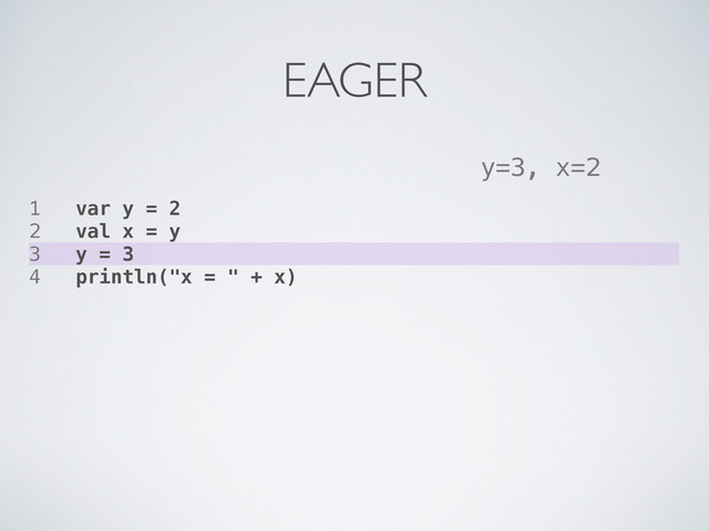 1 var y = 2
2 val x = y
3 y = 3
4 println("x = " + x)
y=3, x=2
EAGER
