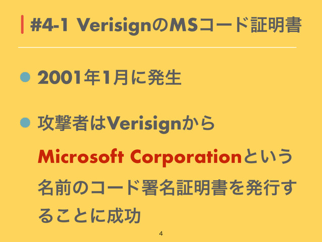 2001೥1݄ʹൃੜ
߈ܸऀ͸Verisign͔Β
Microsoft Corporationͱ͍͏
໊લͷίʔυॺ໊ূ໌ॻΛൃߦ͢
Δ͜ͱʹ੒ޭ
#4-1 VerisignͷMSίʔυূ໌ॻ

