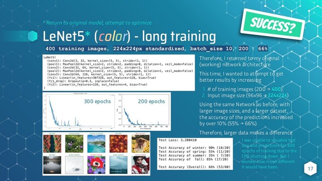 LeNet5* (color) - long training
Therefore, I returned to my original
(working) network architecture.
This time, I wanted to attempt to get
better results by increasing:
1. # of training images (200 → 400)
2. Input image size (96x96 → 224x224)
Using the same Network as before, with
larger image sizes, and a larger dataset,
the accuracy of the predictions increased
by over 10% (55% → 66%).
Therefore, larger data makes a diﬀerence.
17
400 training images, 224x224px standardized, batch_size 10, 200 : 66%
SUCCESS?
* Return to original model; attempt to optimize
300 epochs 200 epochs
I was unable to visualize test
loss and predictions for 300
epochs of training due to the
CPU shutting down. But I
wonder how much diﬀerent
it would have been.
