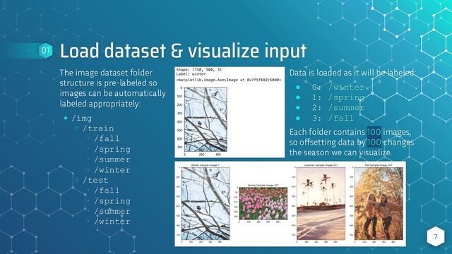 Load dataset & visualize input
The image dataset folder
structure is pre-labeled so
images can be automatically
labeled appropriately:
⬥ /img
⬦ /train
⬩ /fall
⬩ /spring
⬩ /summer
⬩ /winter
⬦ /test
⬩ /fall
⬩ /spring
⬩ /summer
⬩ /winter
7
01
Data is loaded as it will be labeled:
● 0: /winter
● 1: /spring
● 2: /summer
● 3: /fall
Each folder contains 100 images,
so oﬀsetting data by 100 changes
the season we can visualize.

