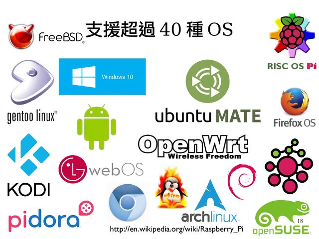 18
支援超過 40 種 OS
http://en.wikipedia.org/wiki/Raspberry_Pi
