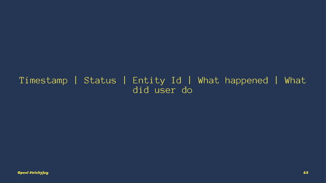Timestamp | Status | Entity Id | What happened | What
did user do
@peel #tricityjug 63
