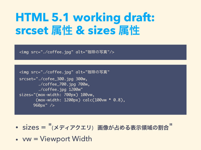 HTML 5.1 working draft: 
srcset ଐੑ & sizes ଐੑ
<img src="./coffee.jpg" alt="ᘖᘣͷࣸਅ">
<img src="./coffee.jpg" alt="ᘖᘣͷࣸਅ">
• sizes = "(ϝσΟΞΫΤϦ) ը૾͕઎ΊΔදࣔྖҬͷׂ߹"
• vw = Viewport Width
