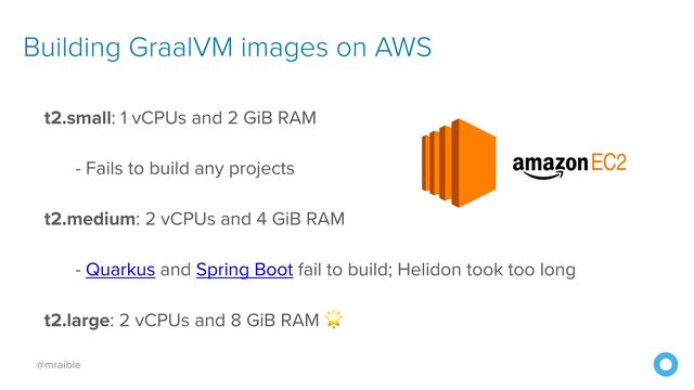 @mraible
t2.small: 1 vCPUs and 2 GiB RAM


- Fails to build any projects


t2.medium: 2 vCPUs and 4 GiB RAM


- Quarkus and Spring Boot fail to build; Helidon took too long


t2.large: 2 vCPUs and 8 GiB RAM 🌟
Building GraalVM images on AWS
