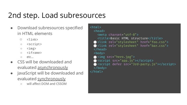 2nd step. Load subresources
● Download subresources speciﬁed
in HTML elements
○ 
○ 
○ <img>
○ <iframe>
○ etc…
● CSS will be downloaded and
evaluated asynchronously
● JavaScript will be downloaded and
evaluated synchronously
○ will aﬀect DOM and CSSOM
<html>
<head>
<meta charset="utf-8">
<title>Basic HTML structure</title>
<link rel="stylesheet" href="foo.css">
<link rel="stylesheet" href="bar.css">
</head>
<body>
<img src="hero.jpg">
<script src="app.js">

