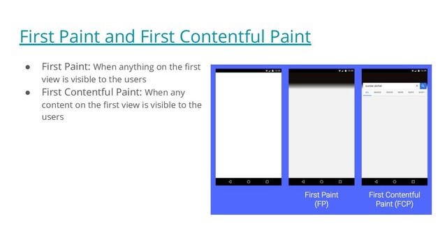 First Paint and First Contentful Paint
● First Paint: When anything on the ﬁrst
view is visible to the users
● First Contentful Paint: When any
content on the ﬁrst view is visible to the
users
