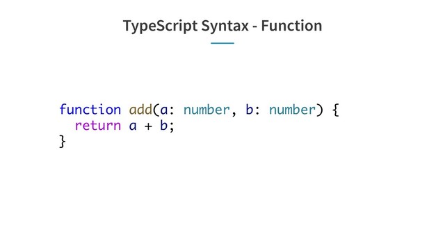 TypeScript Syntax - Function
function add(a: number, b: number) {
return a + b;
}

