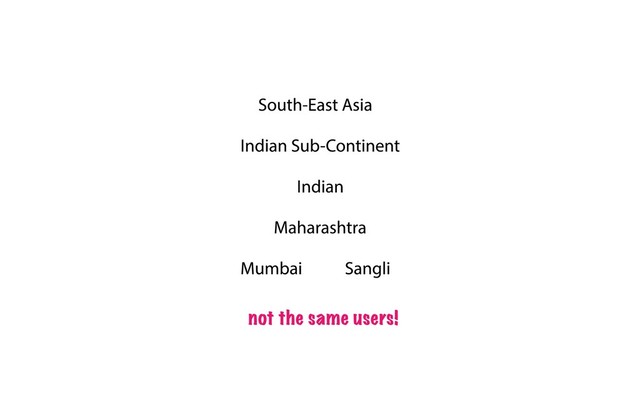 South-East Asia
Indian Sub-Continent
Indian
Maharashtra
Mumbai Sangli
not the same users!
