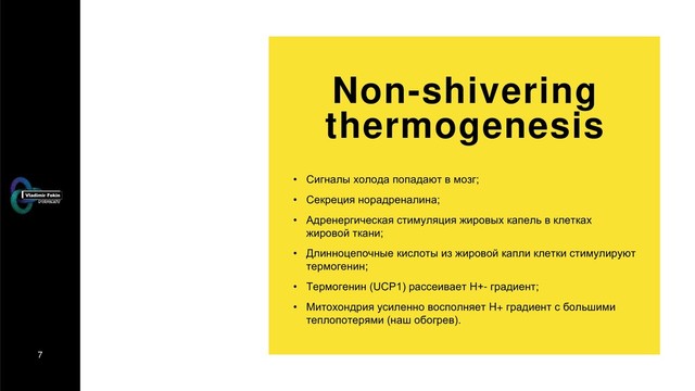 7
Non-shivering
thermogenesis
• Сигналы холода попадают в мозг;
• Секреция норадреналина;
• Адренергическая стимуляция жировых капель в клетках
жировой ткани;
• Длинноцепочные кислоты из жировой капли клетки стимулируют
термогенин;
• Термогенин (UCP1) рассеивает Н+- градиент;
• Митохондрия усиленно восполняет H+ градиент с большими
теплопотерями (наш обогрев).
