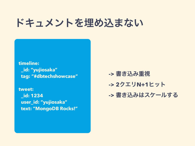 -> ॻ͖ࠐΈॏࢹ
-> 2ΫΤϦN+1ώοτ
-> ॻ͖ࠐΈ͸εέʔϧ͢Δ
υΩϡϝϯτΛຒΊࠐ·ͳ͍
session: 
_id: “session_id” 
device: “iPhone” 
page_views: [ 
{url: “/items/1”} 
]
timeline: 
_id: “yujiosaka” 
tag: “#dbtechshowcase”
!
tweet:
_id: 1234 
user_id: “yujiosaka” 
text: “MongoDB Rocks!”

