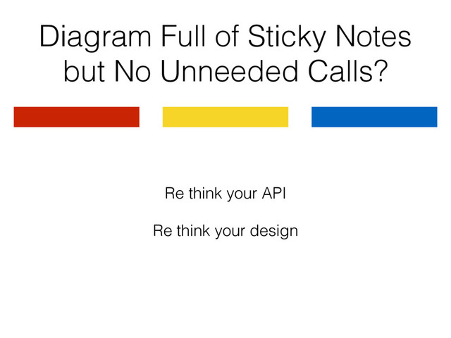 Diagram Full of Sticky Notes
but No Unneeded Calls?
Re think your API
Re think your design
