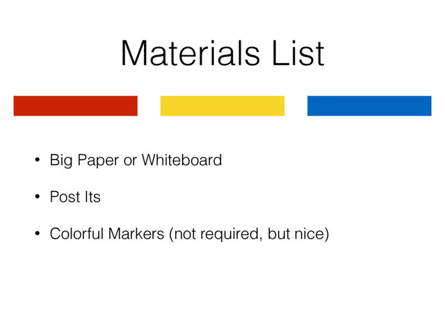 Materials List
• Big Paper or Whiteboard
• Post Its
• Colorful Markers (not required, but nice)
