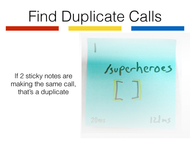 20ms
Find Duplicate Calls
If 2 sticky notes are
making the same call,
that’s a duplicate

