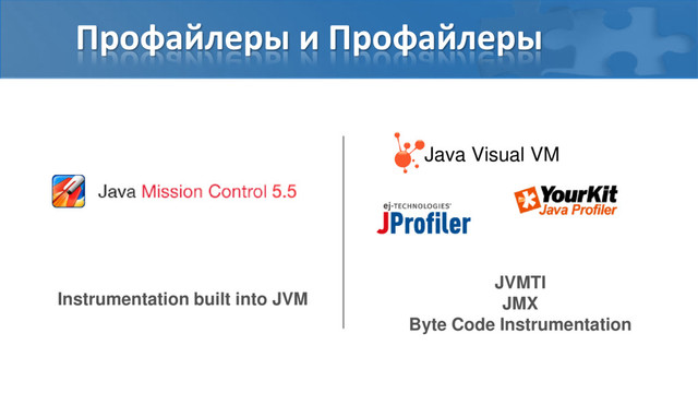Профайлеры и Профайлеры
Instrumentation built into JVM
Java Visual VM
JVMTI
JMX
Byte Code Instrumentation

