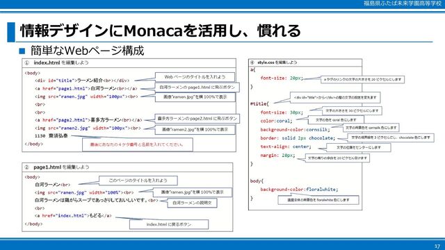 福島県ふたば未来学園高等学校
情報デザインにMonacaを活用し、慣れる
◼ 簡単なWebページ構成
17
