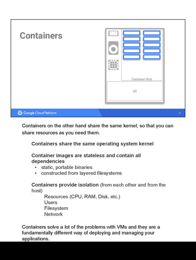 10
Container Host
OS
Containers
Containers on the other hand share the same kernel, so that you can
share resources as you need them.
Containers share the same operating system kernel
Container images are stateless and contain all
dependencies
▪ static, portable binaries
▪ constructed from layered filesystems
Containers provide isolation (from each other and from the
host)
Resources (CPU, RAM, Disk, etc.)
Users
Filesystem
Network
Containers solve a lot of the problems with VMs and they are a
fundamentally different way of deploying and managing your
applications.
