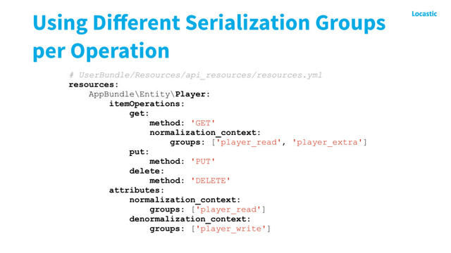 Using Diﬀerent Serialization Groups
per Operation
# UserBundle/Resources/api_resources/resources.yml
resources:
AppBundle\Entity\Player:
itemOperations:
get:
method: 'GET'
normalization_context:
groups: ['player_read', 'player_extra']
put:
method: 'PUT'
delete:
method: 'DELETE'
attributes:
normalization_context:
groups: ['player_read']
denormalization_context:
groups: ['player_write']
