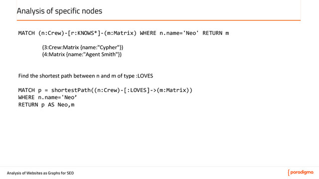 Analysis of Websites as Graphs for SEO
Analysis of specific nodes
MATCH	  (n:Crew)-­‐[r:KNOWS*]-­‐(m:Matrix)	  WHERE	  n.name='Neo'	  RETURN	  m	  
	  
(3:Crew:Matrix	  {name:"Cypher"})	  
(4:Matrix	  {name:"Agent	  Smith"})	  
	  
	  
Find	  the	  shortest	  path	  between	  n	  and	  m	  of	  type	  :LOVES	  
	  
MATCH	  p	  =	  shortestPath((n:Crew)-­‐[:LOVES]-­‐>(m:Matrix))	  
WHERE	  n.name='Neo’	  
RETURN	  p	  AS	  Neo,m	  
