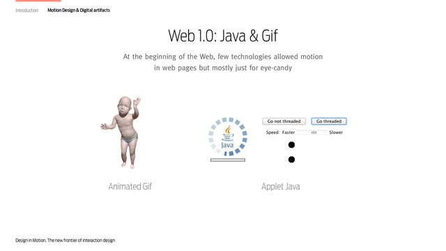 Design in Motion. The new frontier of interaction design
Web 1.0: Java & Gif
At the beginning of the Web, few technologies allowed motion
in web pages but mostly just for eye-candy
Introduction Motion Design & Digital artifacts
Applet Java
Animated Gif
