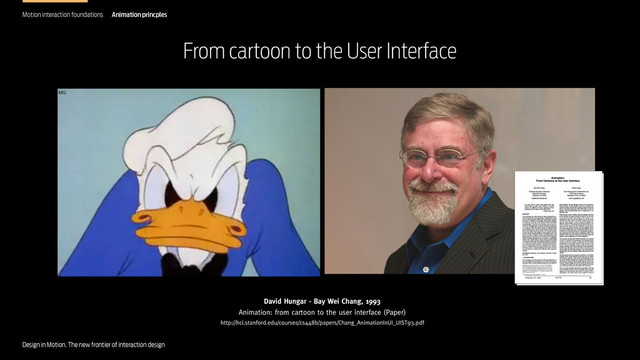 Design in Motion. The new frontier of interaction design
Motion interaction foundations Animation princples
Design in Motion. The new frontier of interaction design
From cartoon to the User Interface
David Hungar - Bay Wei Chang, 1993
Animation: from cartoon to the user interface (Paper)
http://hci.stanford.edu/courses/cs448b/papers/Chang_AnimationInUI_UIST93.pdf
