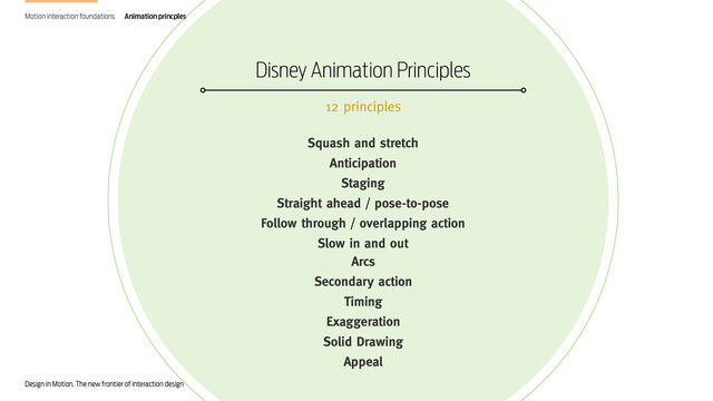 Design in Motion. The new frontier of interaction design
Disney Animation Principles
Squash and stretch
Anticipation
Staging
Straight ahead / pose-to-pose
Follow through / overlapping action
Slow in and out
12 principles
Arcs
Secondary action
Timing
Exaggeration
Solid Drawing
Appeal
Motion interaction foundations Animation princples
