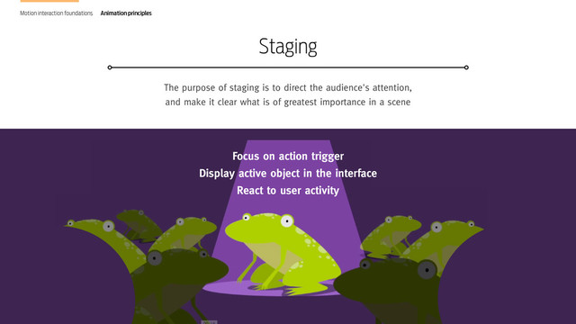 Design in Motion. The new frontier of interaction design
The purpose of staging is to direct the audience's attention,
and make it clear what is of greatest importance in a scene
Staging
Motion interaction foundations Animation principles
Focus on action trigger
Display active object in the interface
React to user activity

