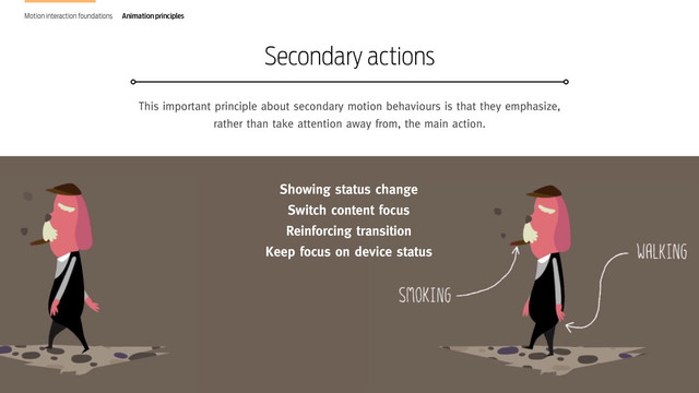 Design in Motion. The new frontier of interaction design
This important principle about secondary motion behaviours is that they emphasize,
rather than take attention away from, the main action.
Secondary actions
Motion interaction foundations Animation principles
Showing status change
Switch content focus
Reinforcing transition
Keep focus on device status
