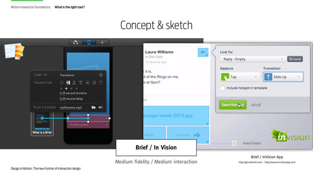 Design in Motion. The new frontier of interaction design
Concept & sketch
Motion interaction foundations What is the right tool?
Brief / InVision App
http://giveabrief.com/ - http://www.invisionapp.com
Brief / In Vision
Medium fidelity / Medium interaction
