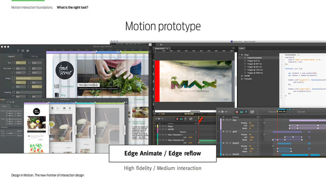 Design in Motion. The new frontier of interaction design
Motion prototype
Motion interaction foundations What is the right tool?
High fidelity / Medium interaction
Edge Animate / Edge reflow
