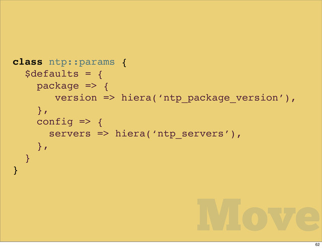 class ntp::params {
$defaults = {
package => {
version => hiera(‘ntp_package_version’),
},
config => {
servers => hiera(‘ntp_servers’),
},
}
}
Move
62
