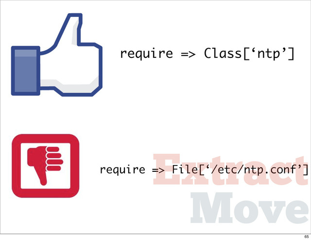 require => Class[‘ntp’]
require => File[‘/etc/ntp.conf’]
Move
Extract
65
